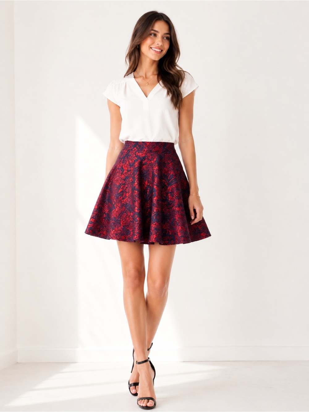Francesca’s Red Navy Lace Skater Skirt Size M